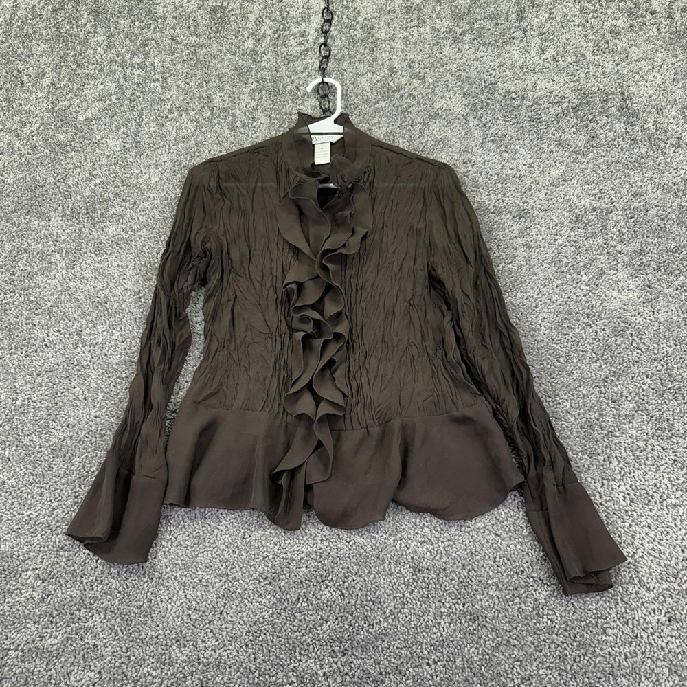 Allison Taylor Shirt Womens M Brown Ruffle Button Up Chiffon Blouse Fall Office